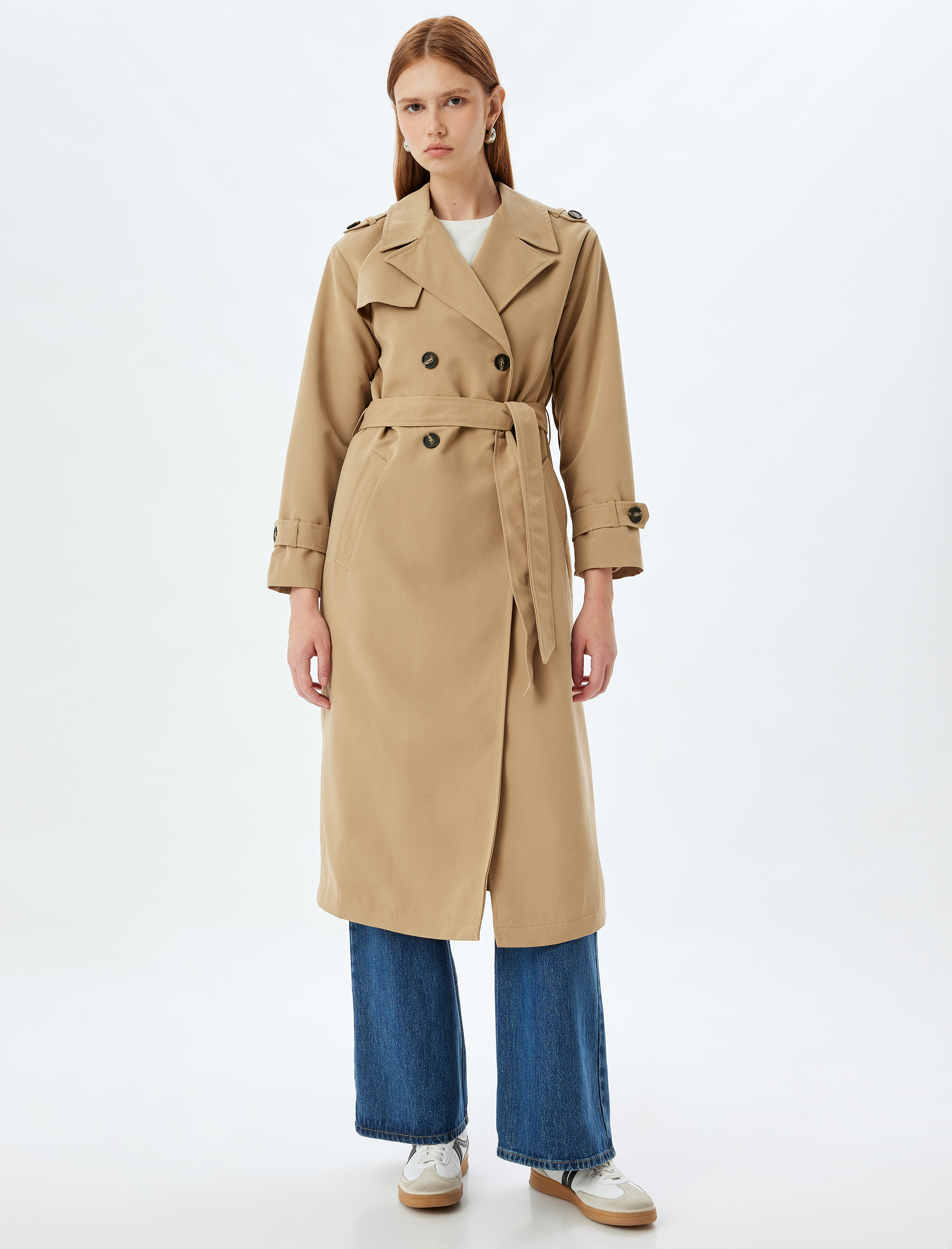 Kuşak Detaylı Kruvaze Düğmeli Trençkot