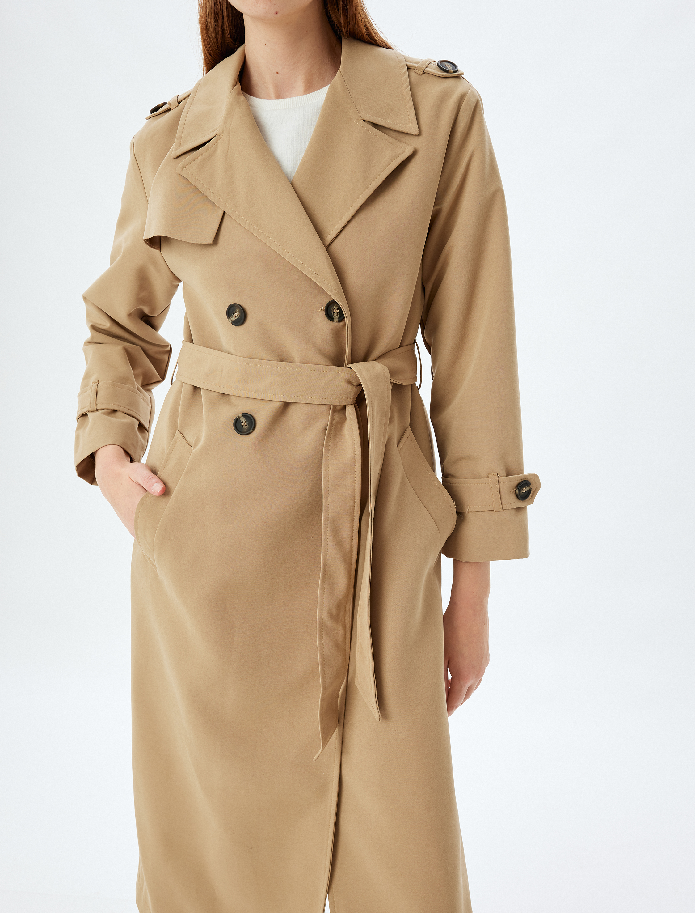 Kuşak Detaylı Kruvaze Düğmeli Trençkot