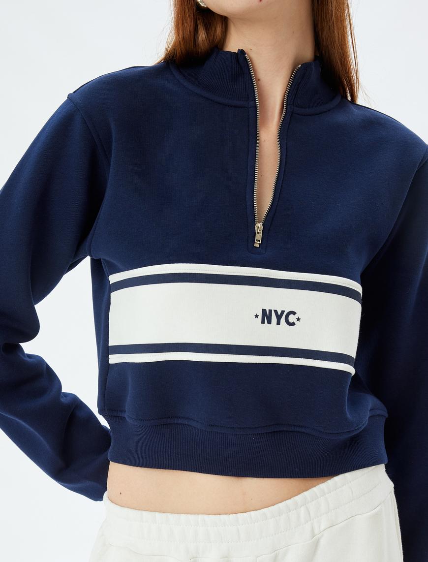   Crop Sweatshirt Yarım Fermuar Detaylı Renk Bloklu Üç İplik Şardonlu