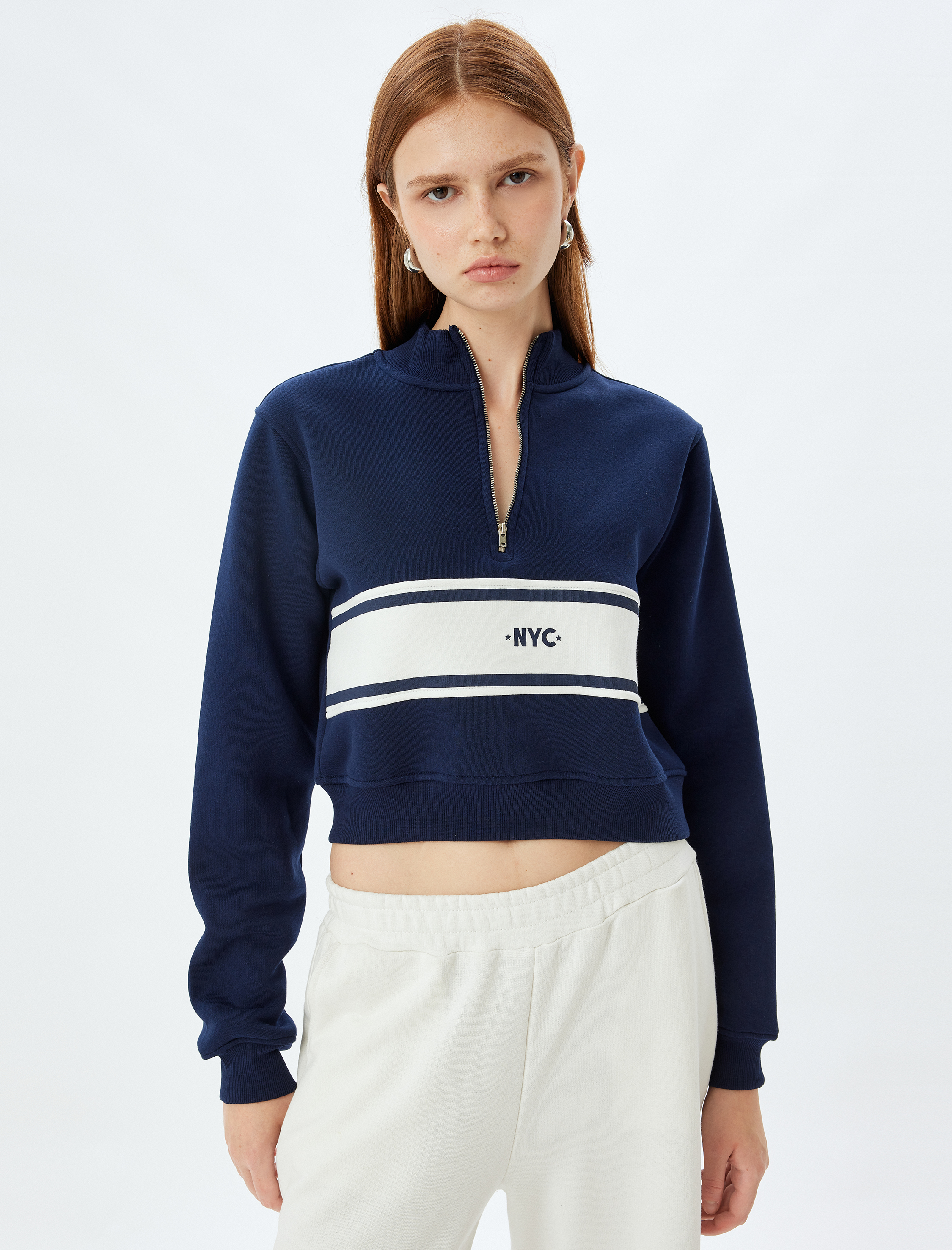   Renk Bloklu Üç İplik Şardonlu Yarım Fermuar Detaylı Crop Sweatshirt