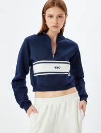 Renk Bloklu Üç İplik Şardonlu Yarım Fermuar Detaylı Crop Sweatshirt