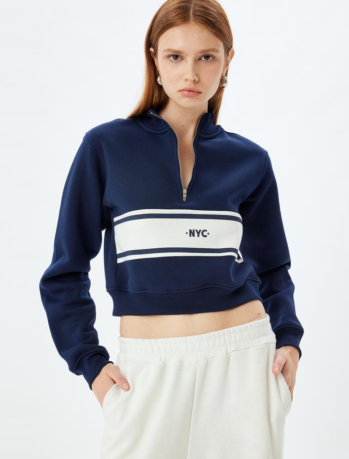  Renk Bloklu Üç İplik Şardonlu Yarım Fermuar Detaylı Crop Sweatshirt