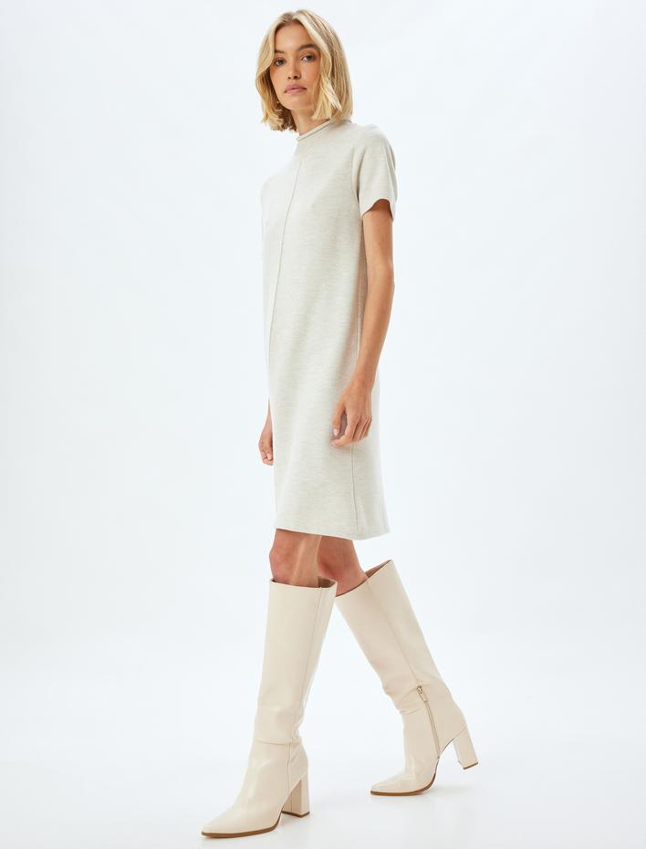  Mini Elbise Kısa Kollu Dik Yaka Slim Fit