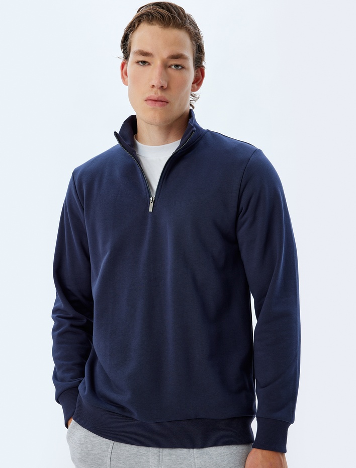  Yarım Fermuarlı Sweatshirt Uzun Kollu Pamuklu