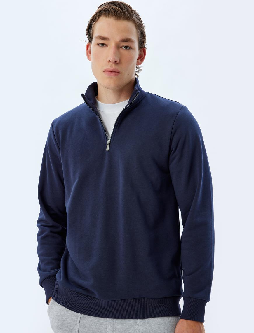   Yarım Fermuarlı Sweatshirt Uzun Kollu Pamuklu