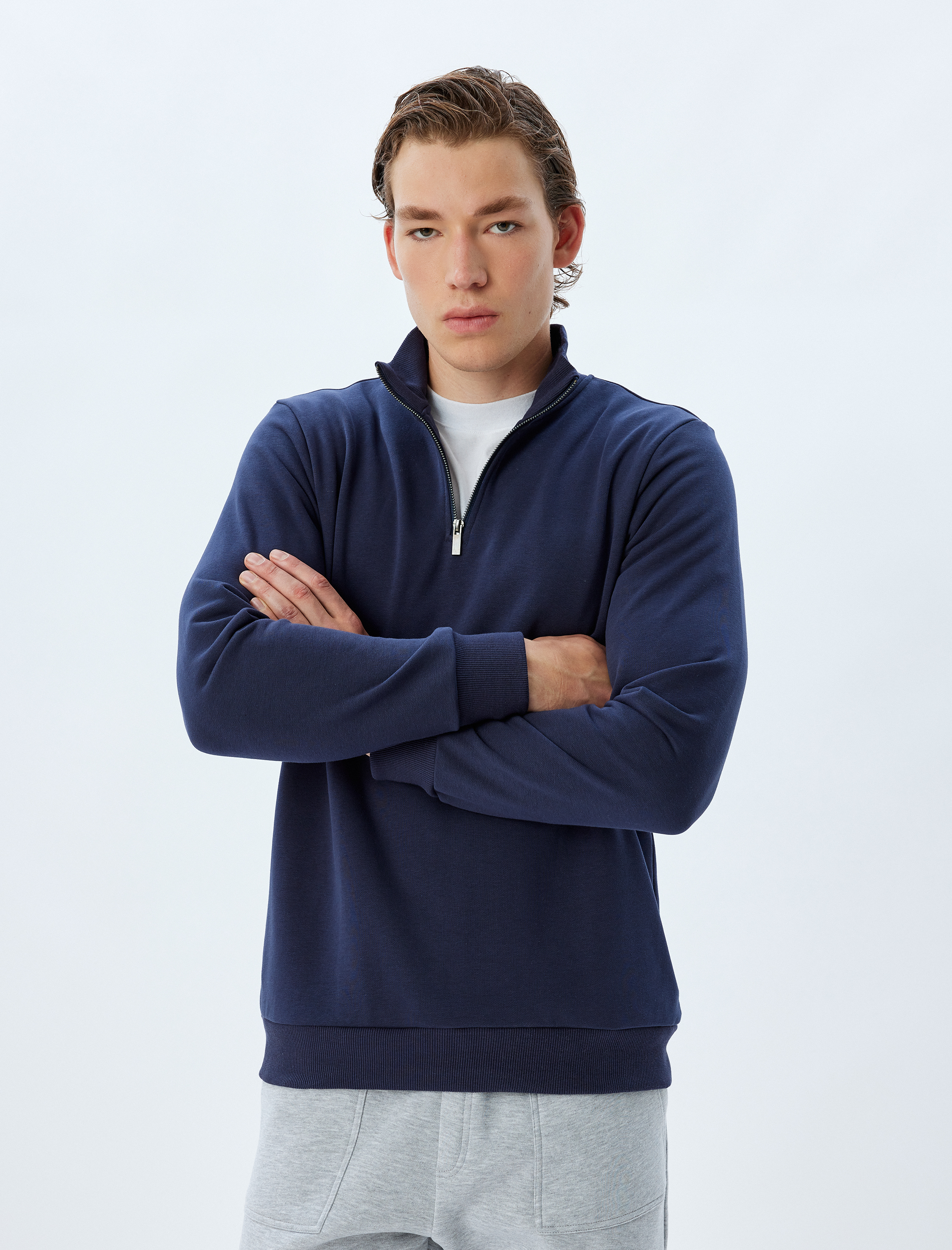   Yarım Fermuarlı Sweatshirt Uzun Kollu Pamuklu