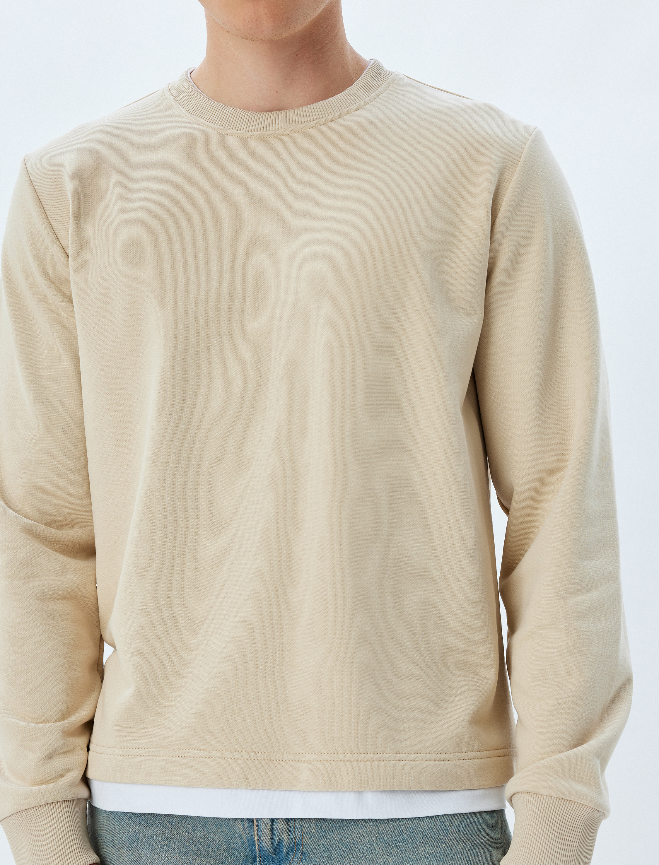   Bisiklet Yaka Sweatshirt Renk Kontrastlı Uzun Kollu Pamuklu