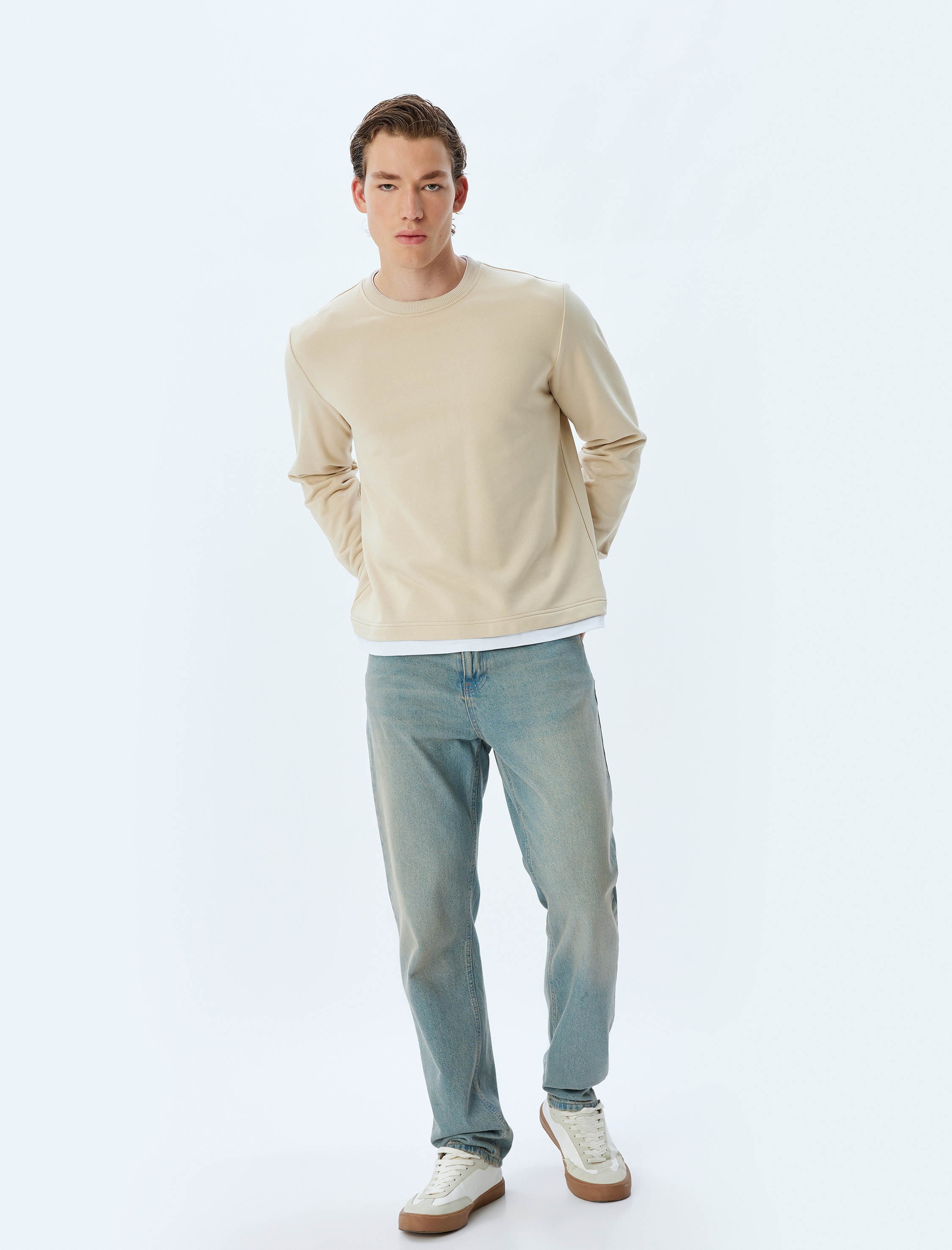   Bisiklet Yaka Sweatshirt Renk Kontrastlı Uzun Kollu Pamuklu