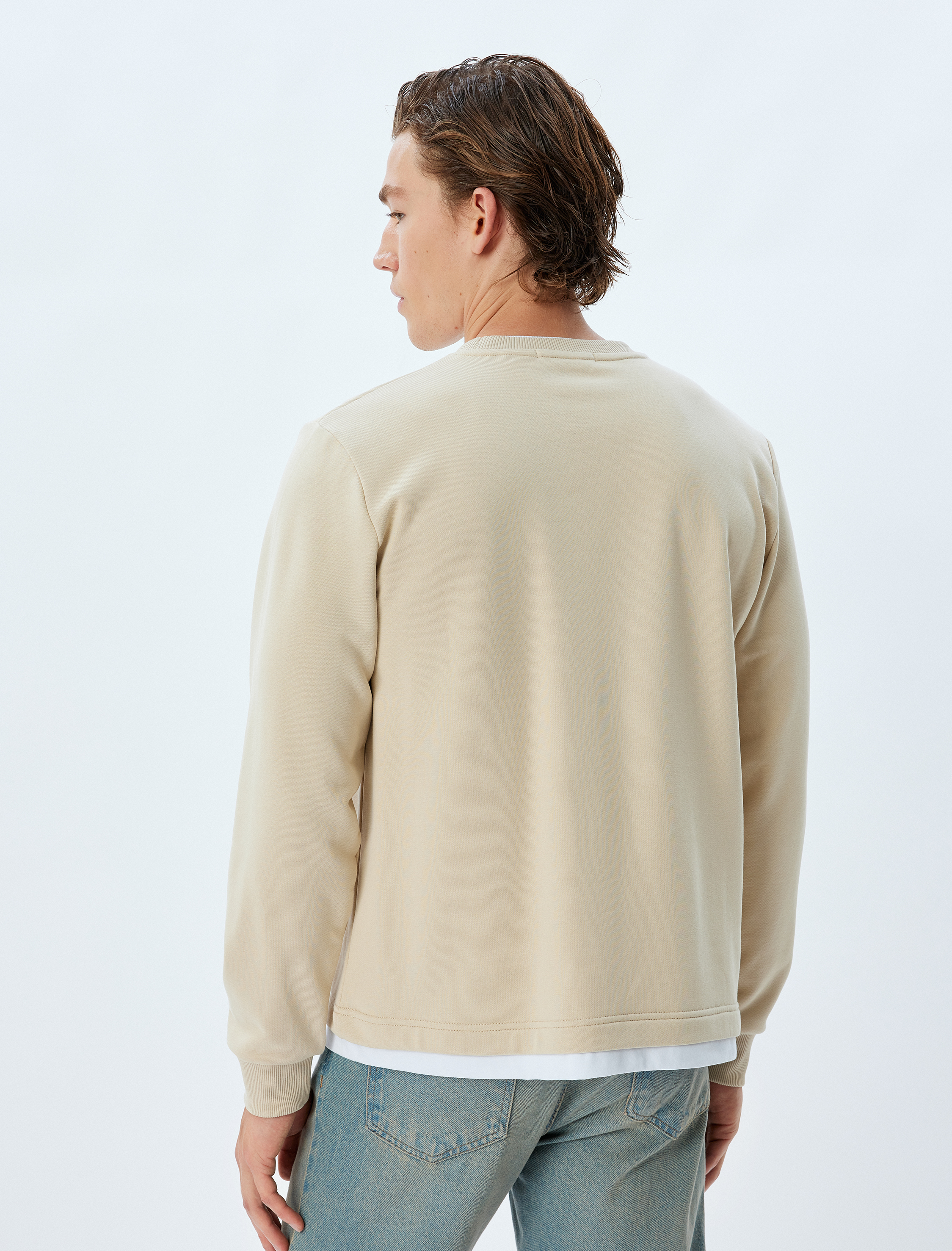   Bisiklet Yaka Sweatshirt Renk Kontrastlı Uzun Kollu Pamuklu