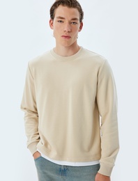 Bisiklet Yaka Sweatshirt Renk Kontrastlı Uzun Kollu Pamuklu