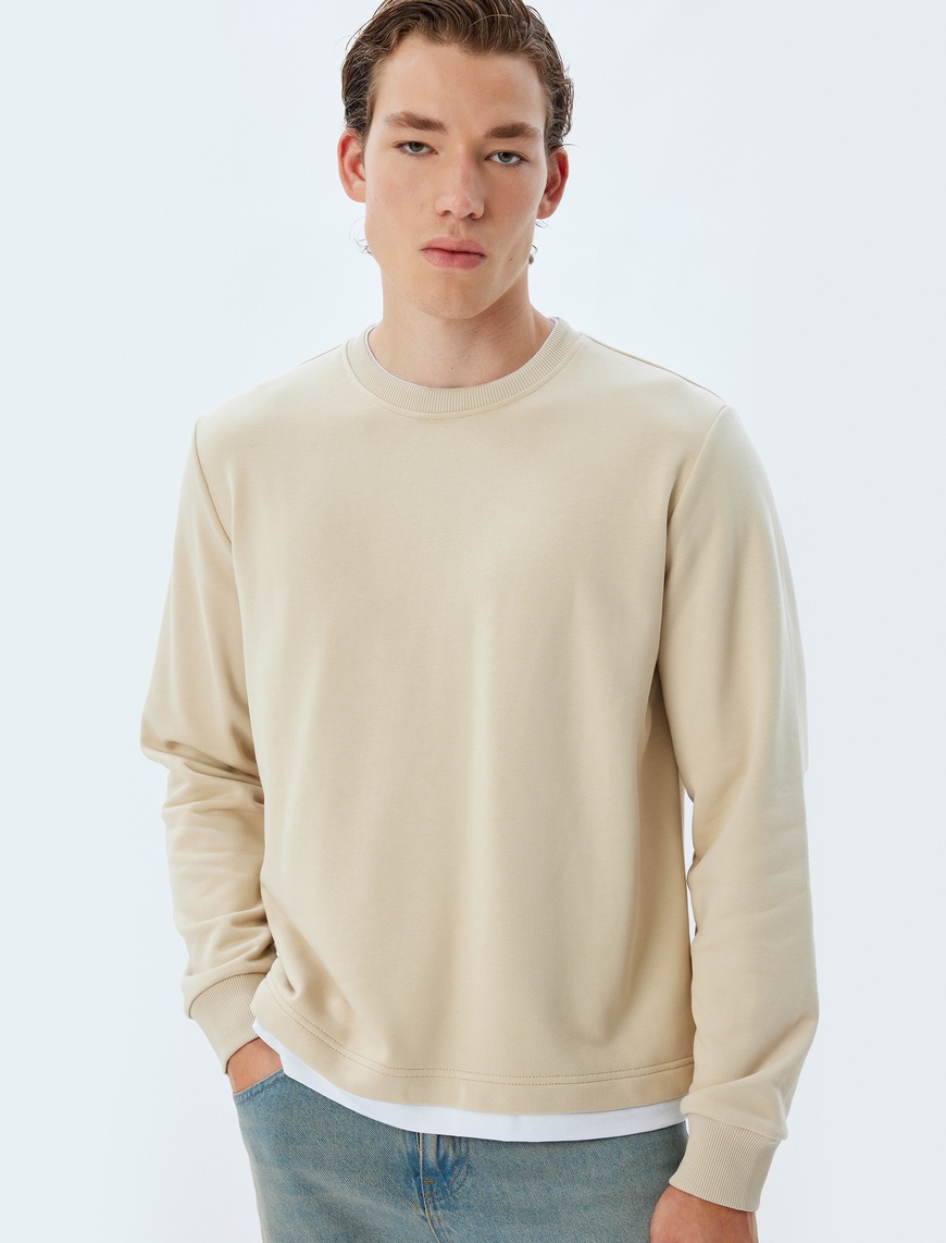   Bisiklet Yaka Sweatshirt Renk Kontrastlı Uzun Kollu Pamuklu