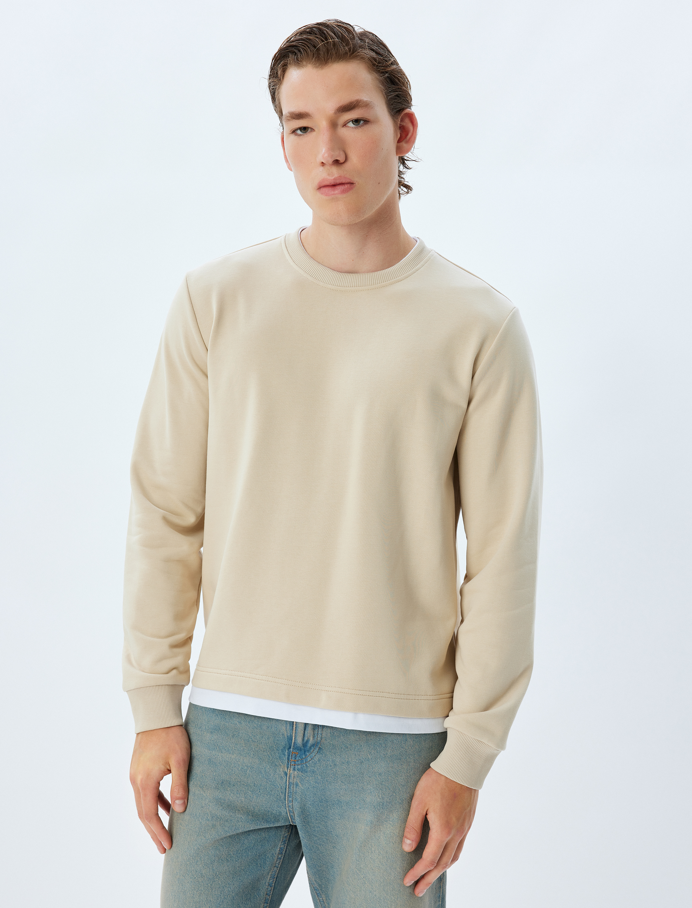   Bisiklet Yaka Sweatshirt Renk Kontrastlı Uzun Kollu Pamuklu