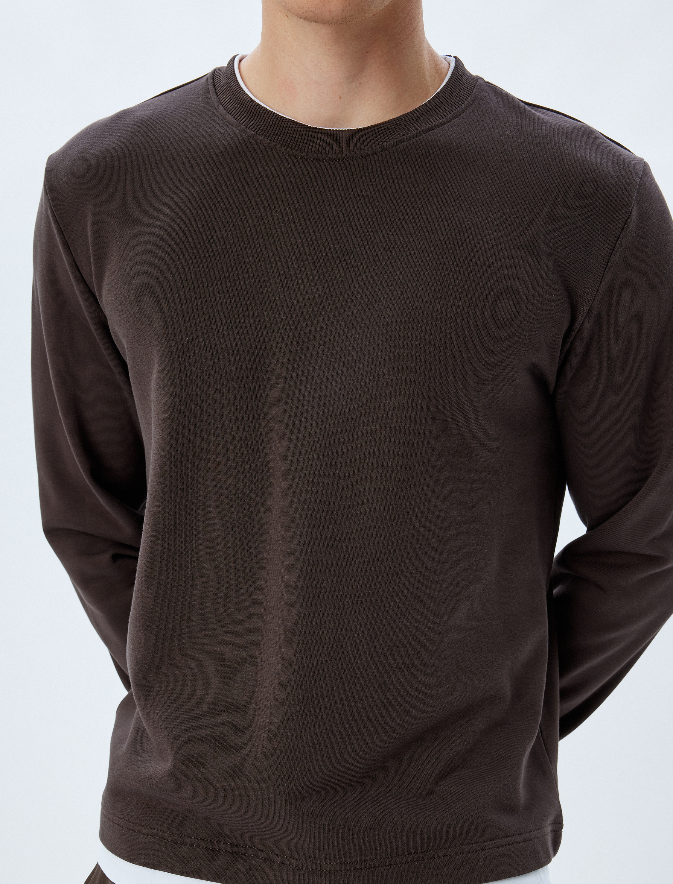   Bisiklet Yaka Sweatshirt Renk Kontrastlı Uzun Kollu Pamuklu