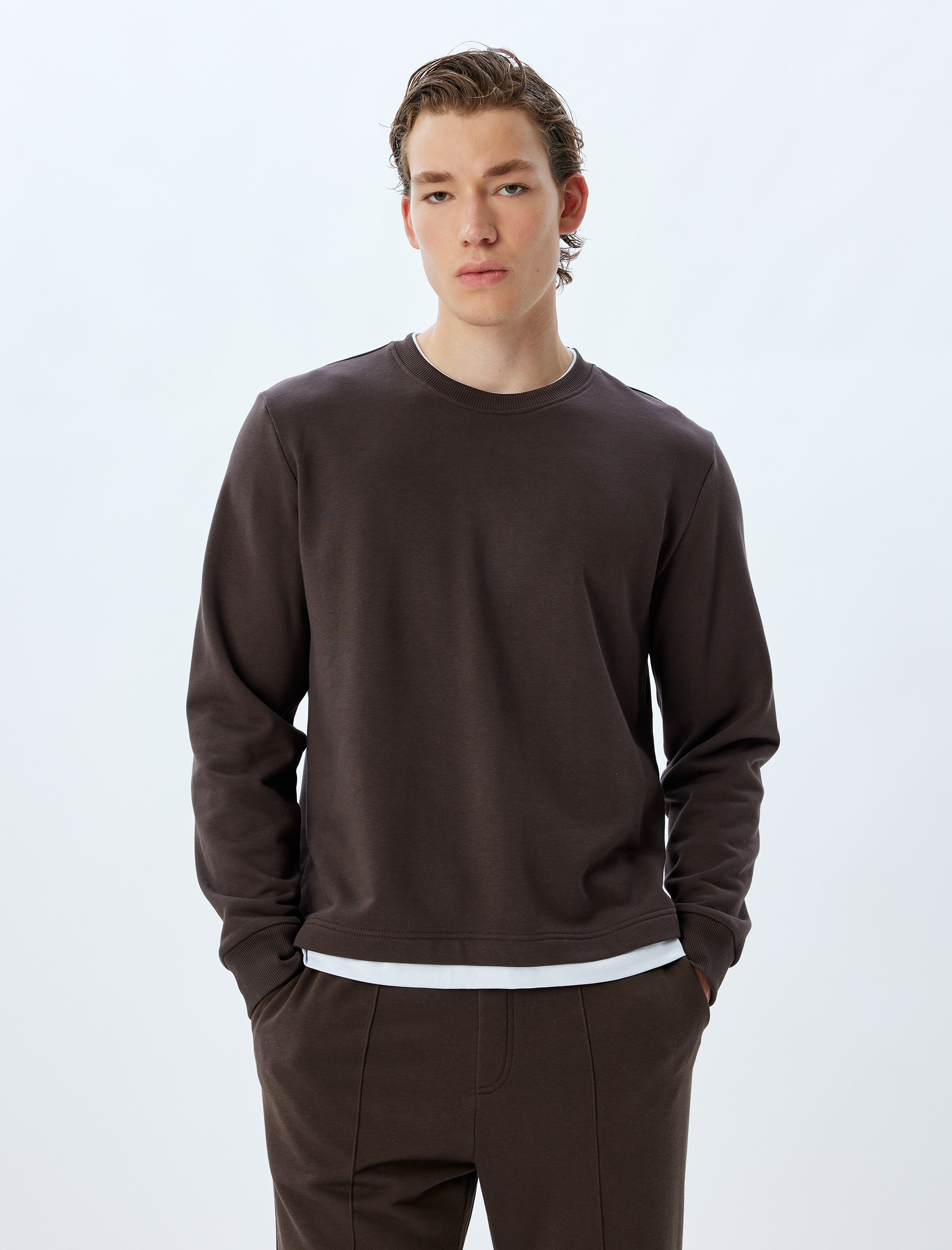   Bisiklet Yaka Sweatshirt Renk Kontrastlı Uzun Kollu Pamuklu