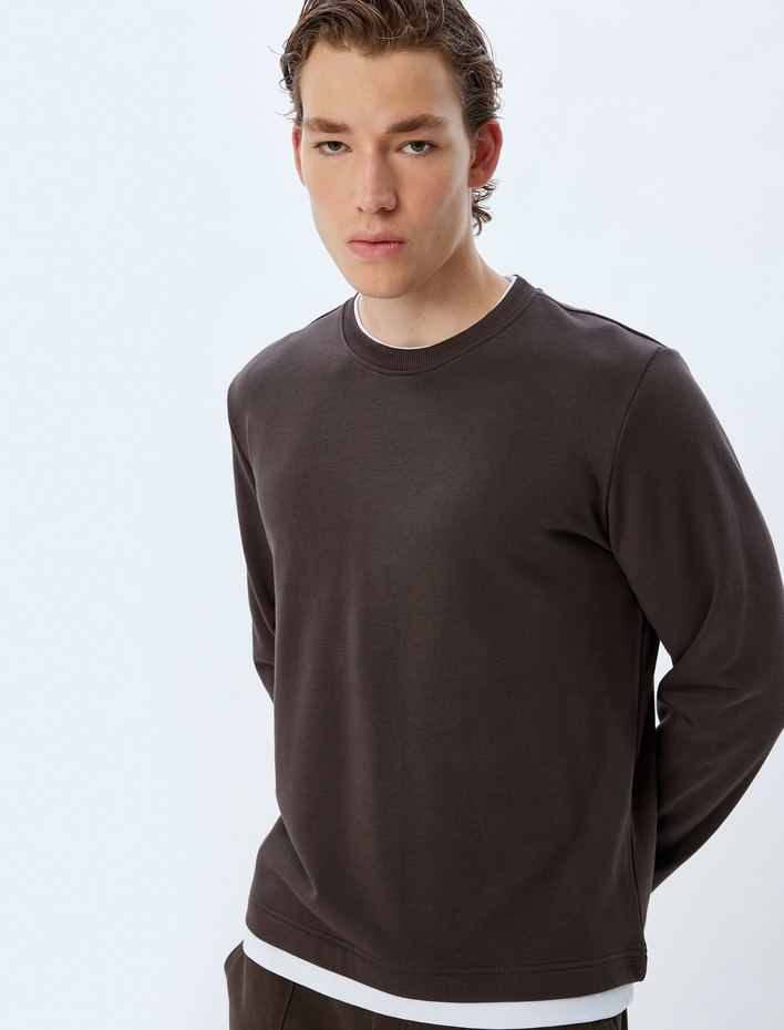  Bisiklet Yaka Sweatshirt Renk Kontrastlı Uzun Kollu Pamuklu