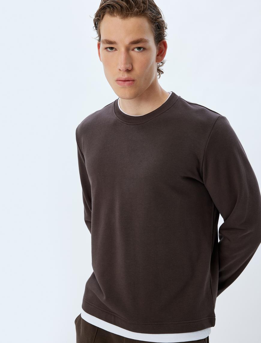   Bisiklet Yaka Sweatshirt Renk Kontrastlı Uzun Kollu Pamuklu