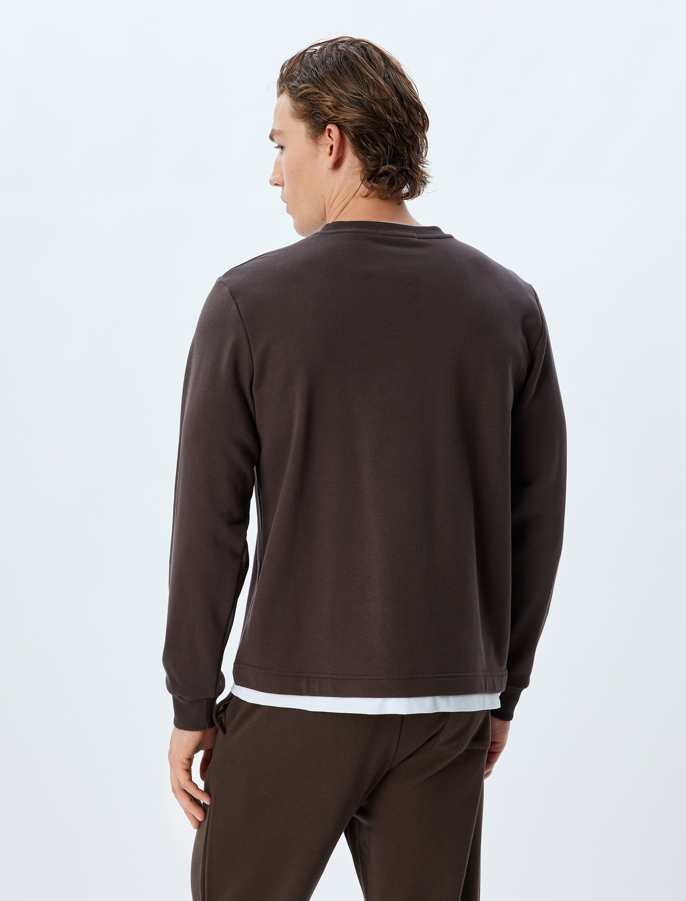   Bisiklet Yaka Sweatshirt Renk Kontrastlı Uzun Kollu Pamuklu