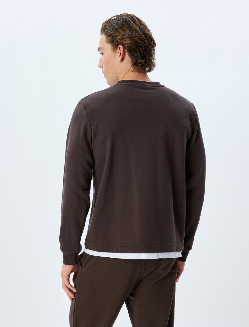   Bisiklet Yaka Sweatshirt Renk Kontrastlı Uzun Kollu Pamuklu