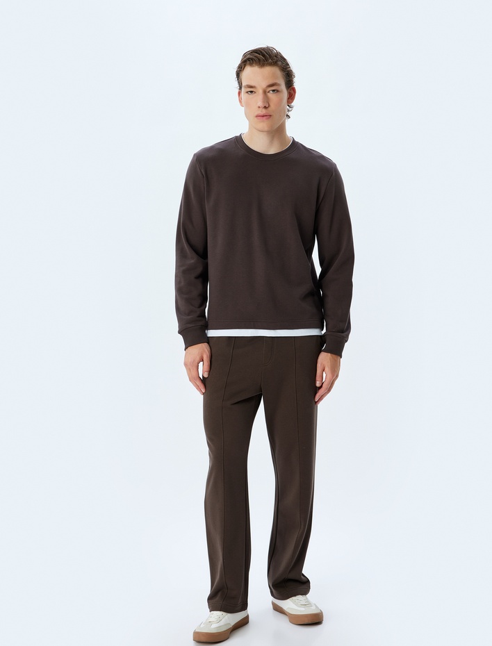  Bisiklet Yaka Sweatshirt Renk Kontrastlı Uzun Kollu Pamuklu