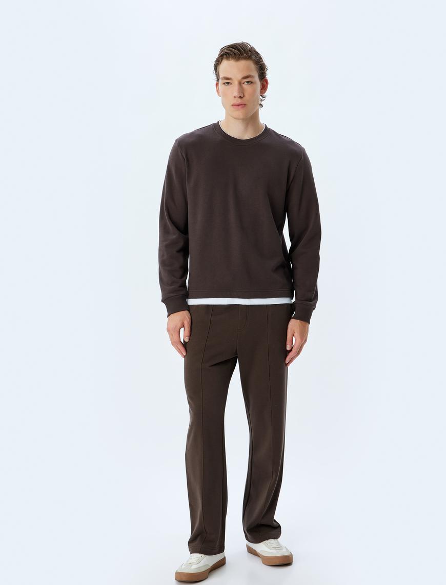  Bisiklet Yaka Sweatshirt Renk Kontrastlı Uzun Kollu Pamuklu