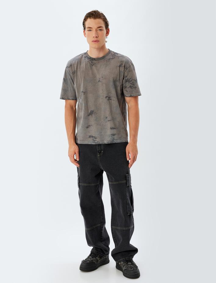  Oversize Tişört Batik Desenli Kısa Kollu Bisiklet Yaka Pamuklu