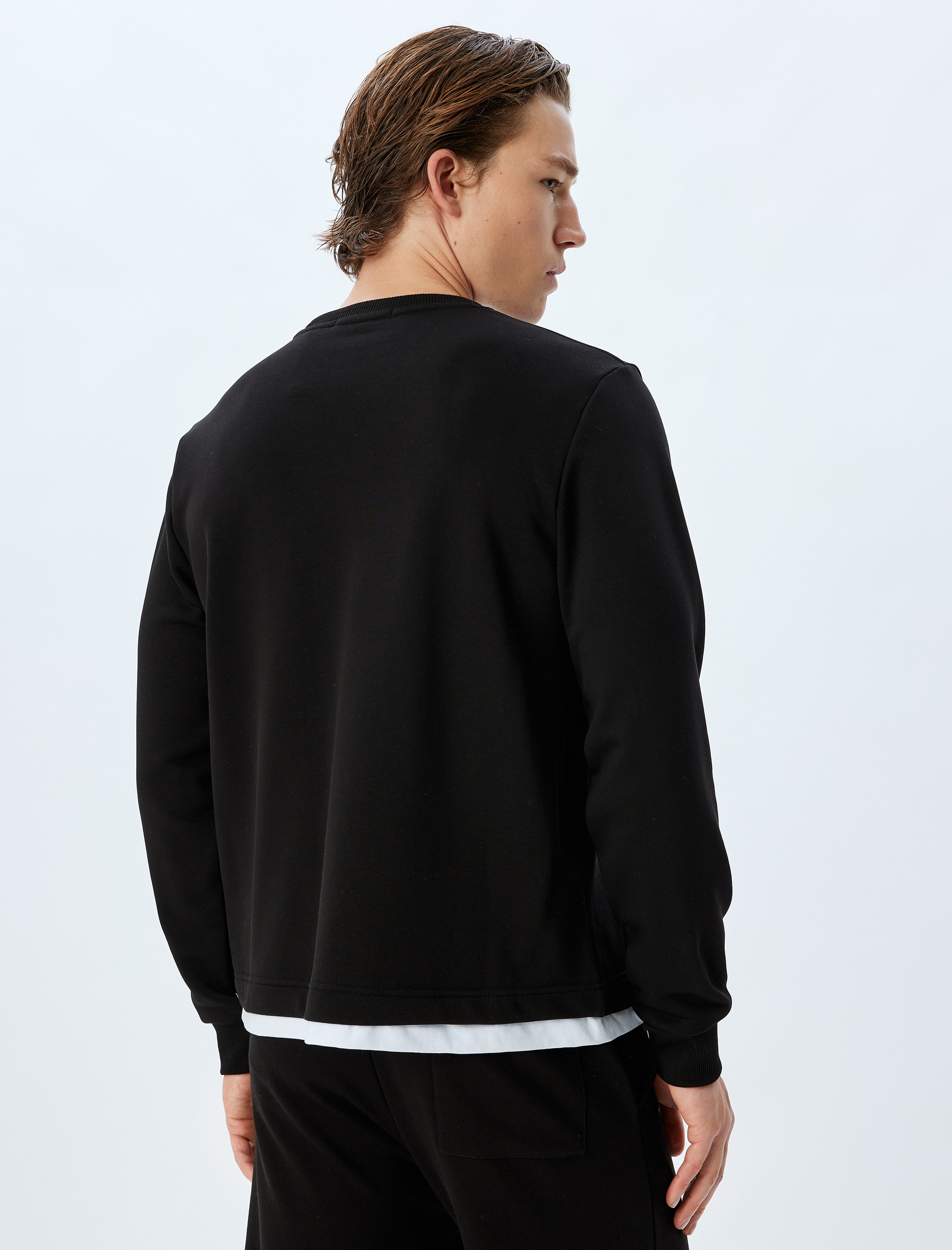   Bisiklet Yaka Sweatshirt Renk Kontrastlı Uzun Kollu Pamuklu