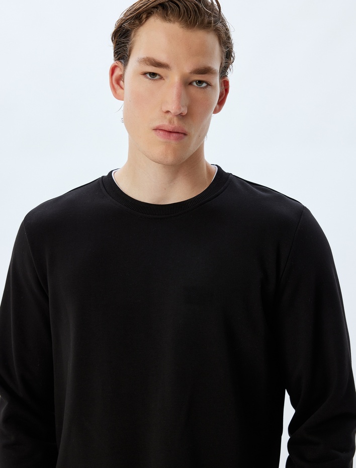  Bisiklet Yaka Sweatshirt Renk Kontrastlı Uzun Kollu Pamuklu