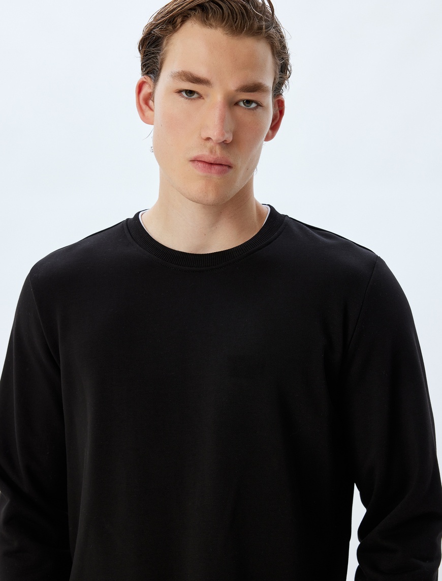   Bisiklet Yaka Sweatshirt Renk Kontrastlı Uzun Kollu Pamuklu
