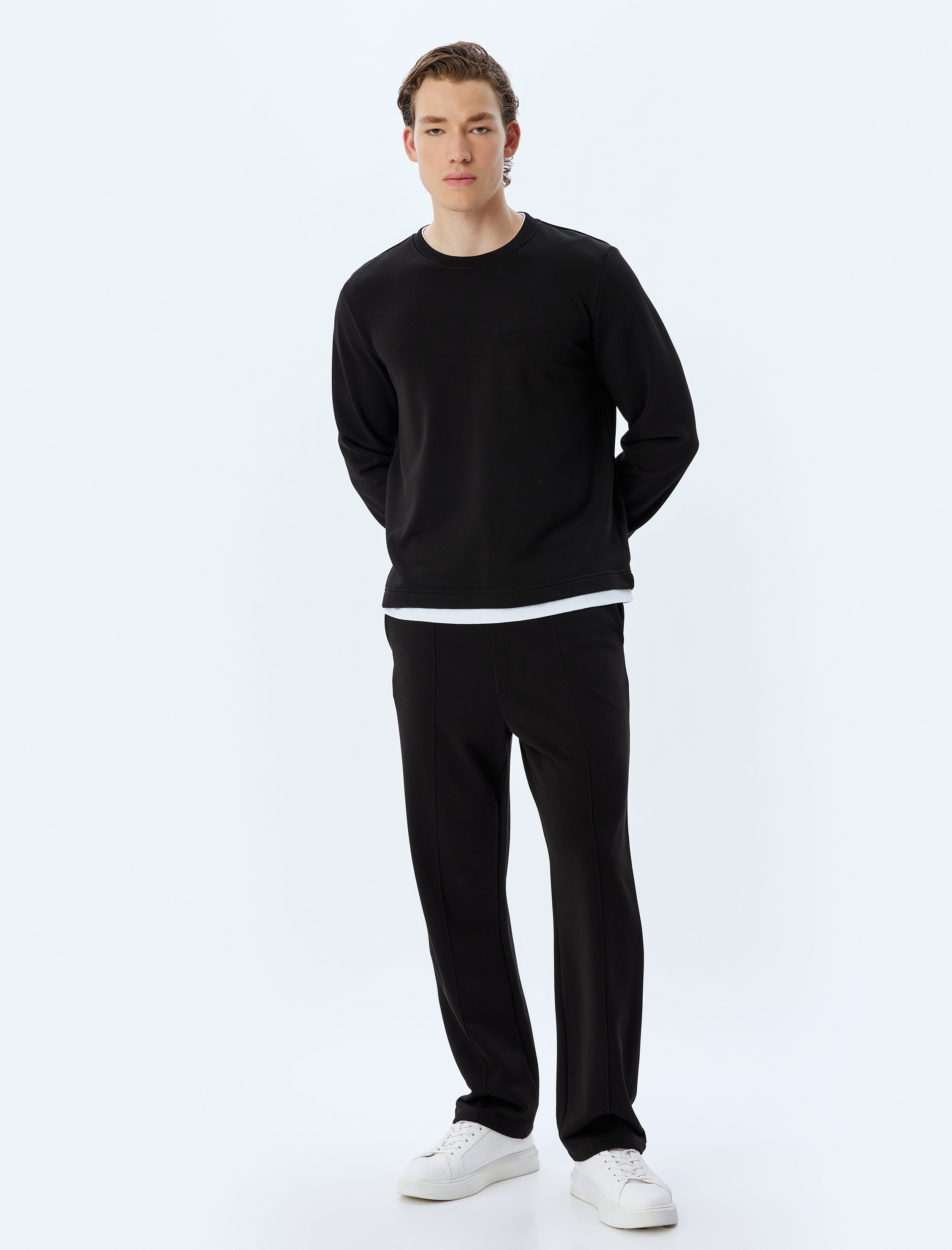   Bisiklet Yaka Sweatshirt Renk Kontrastlı Uzun Kollu Pamuklu