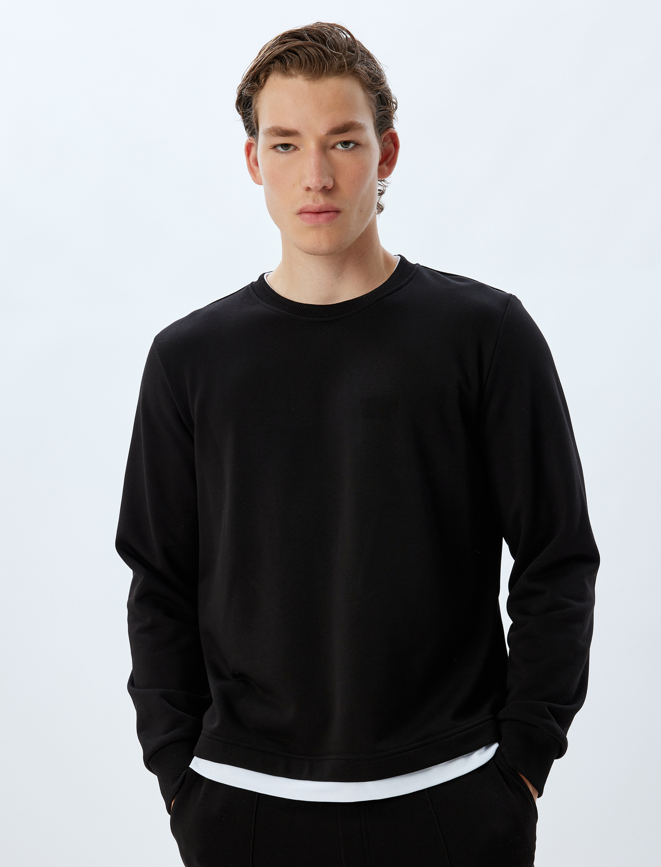   Bisiklet Yaka Sweatshirt Renk Kontrastlı Uzun Kollu Pamuklu