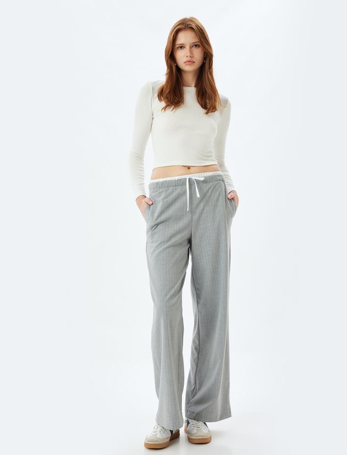  Çift Bel Detaylı Bol Paça Pantolon Yüksek Bel Cepli