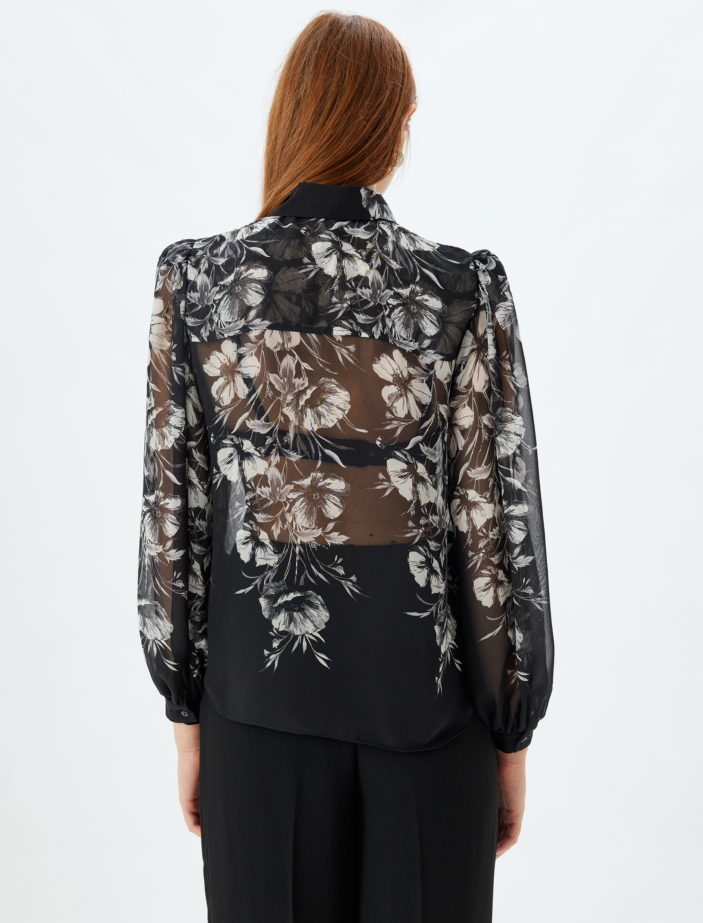 Çiçekli Transparan Şifon Gömlek Kabarık Uzun Balon Kol Kurdele Detaylı