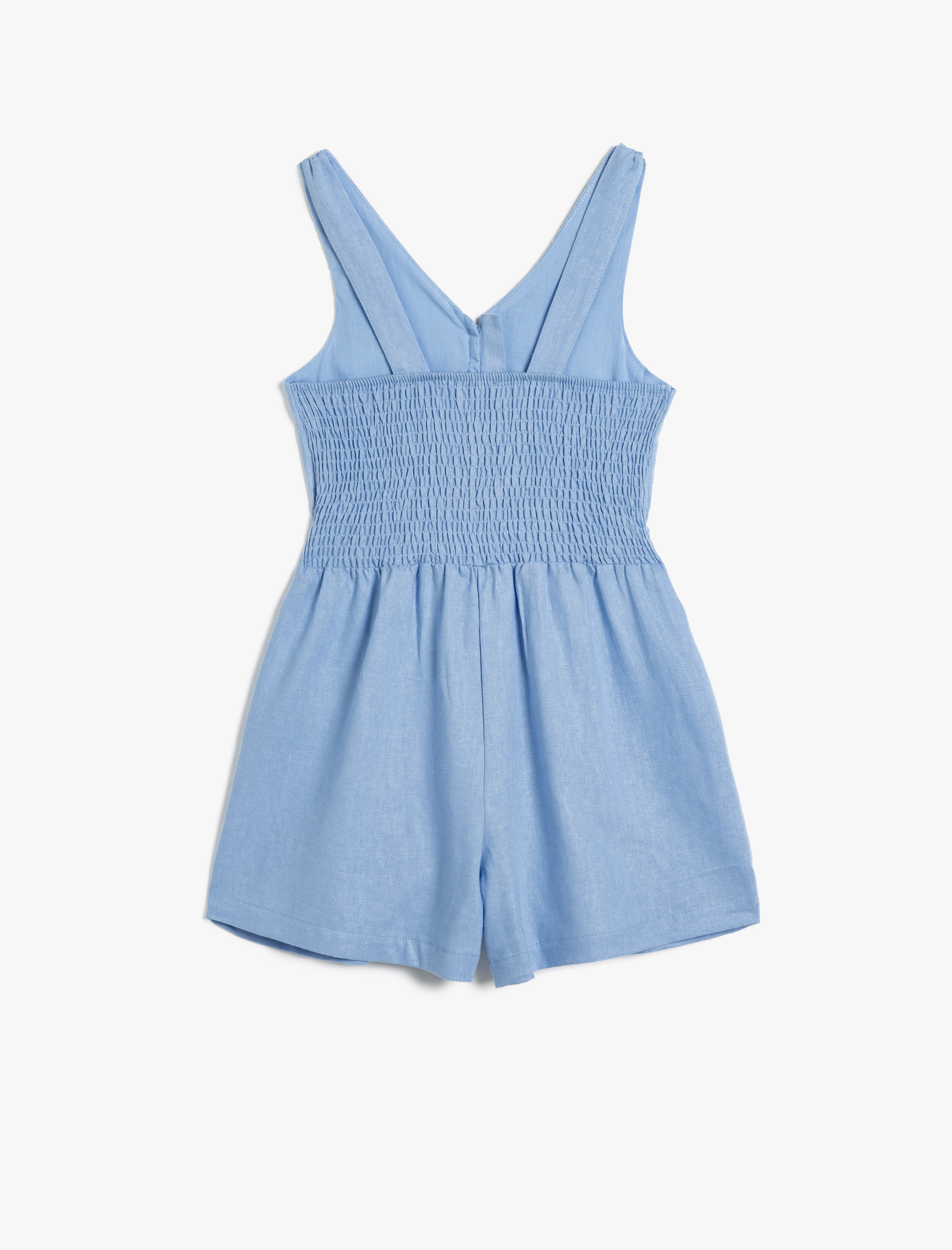  Kız Çocuk Keten Şort Tulum Pencere Detaylı Askılı Gipeli