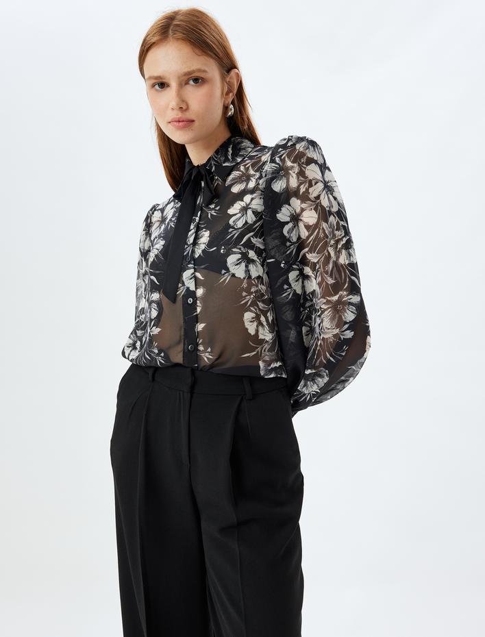  Çiçekli Transparan Şifon Gömlek Kabarık Uzun Balon Kol Kurdele Detaylı