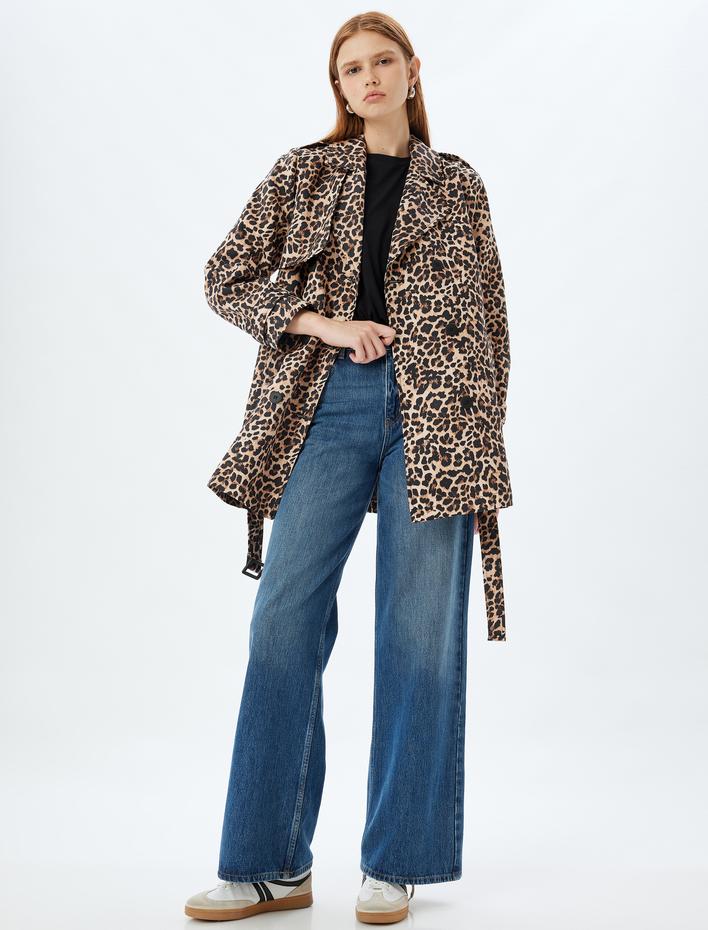 Kruvaze Kemerli Leopar Desenli Trençkot