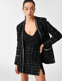 Kareli Tüvit Yırtmaçlı Mini Etek