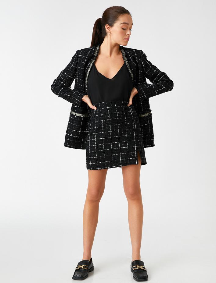  Kareli Tüvit Yırtmaçlı Mini Etek