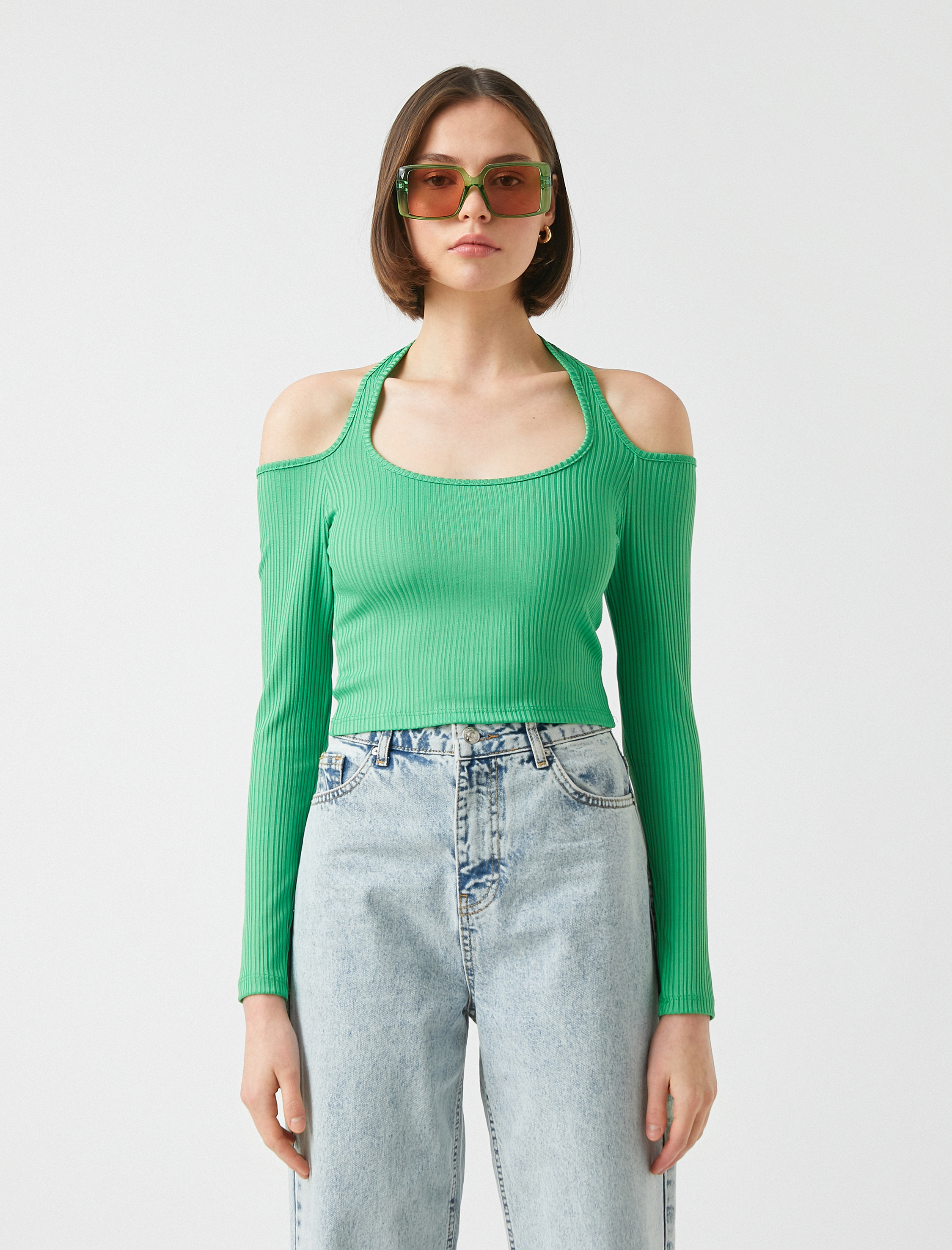   Halter Yaka Tişört Uzun Kollu Omuzları Pencere Detaylı Sırt Dekolteli