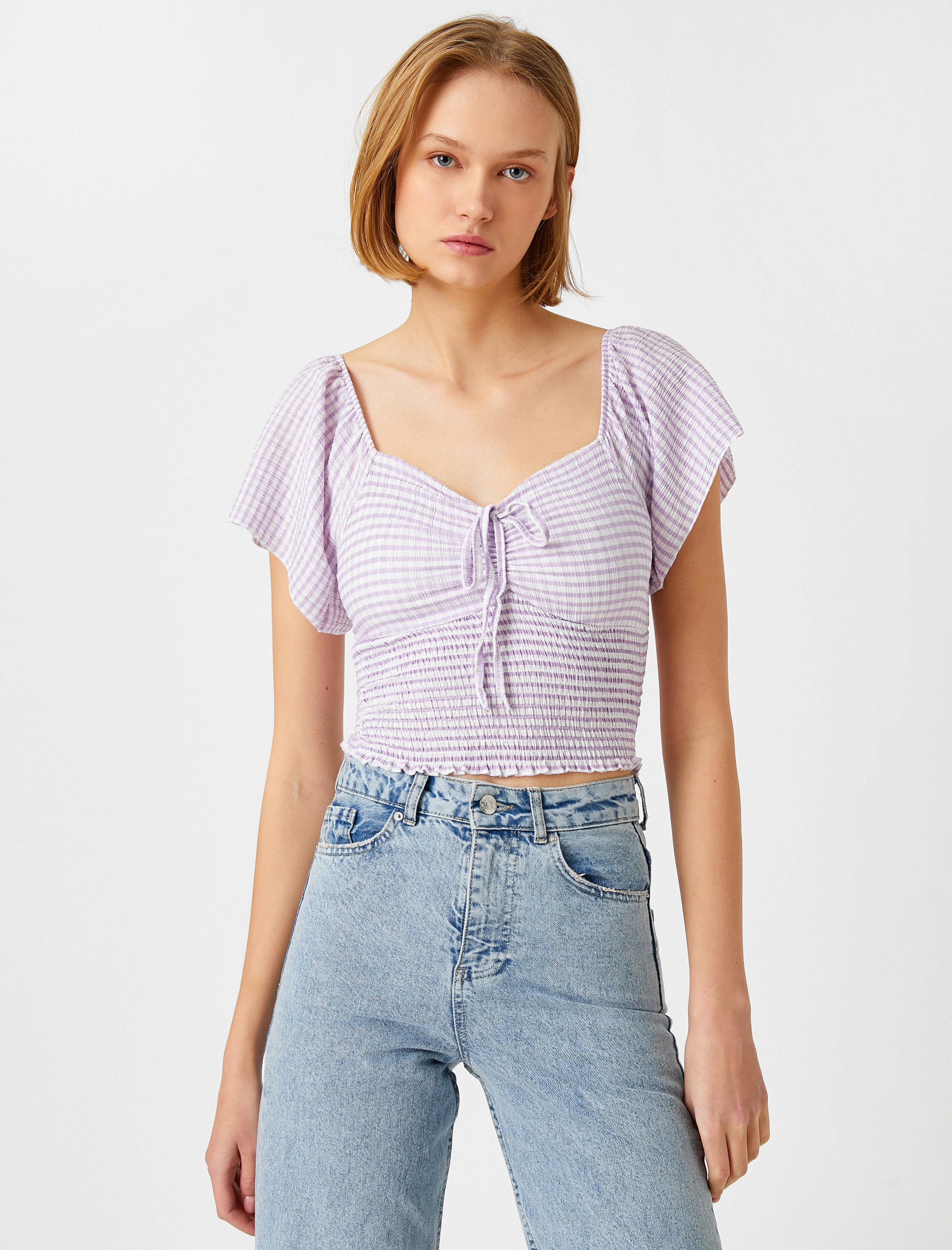   Kısa Kollu Çizgili Gipeli Bluz