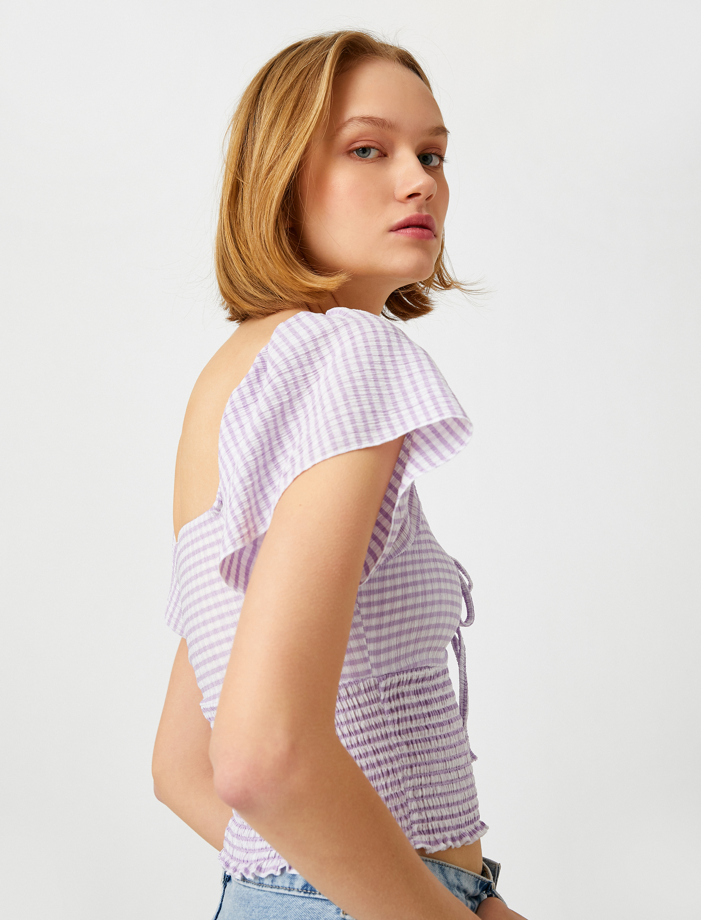   Kısa Kollu Çizgili Gipeli Bluz