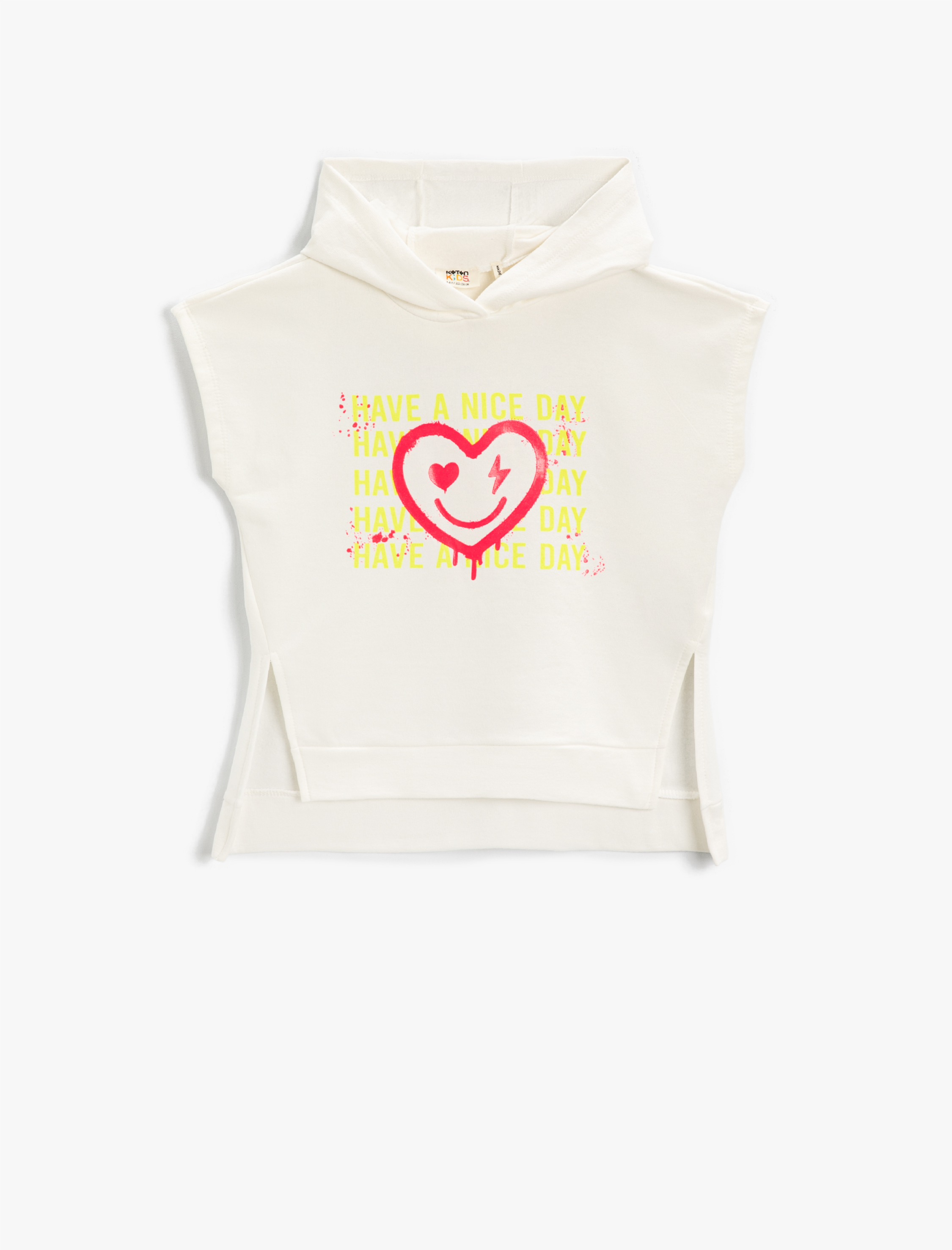  Kız Çocuk Kalp Baskılı Kapüşonlu Kolsuz Sweatshirt Kesik Detaylı