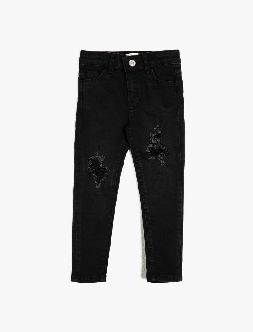  Kız Çocuk Yırtık Kot Pantolon Dar Paça Pamuklu - Regular Jean