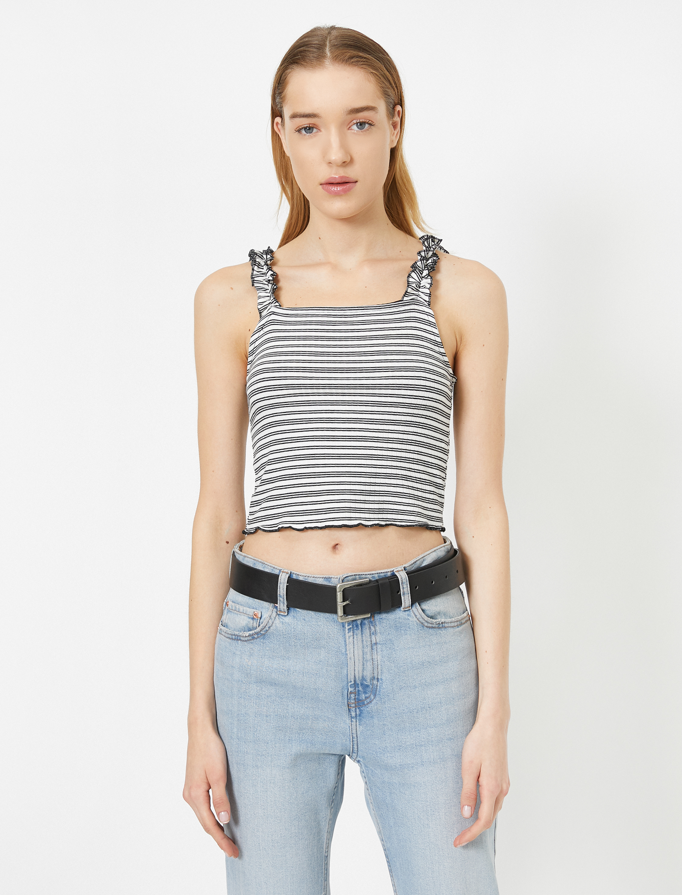   Askıları Fırfırlı Çizgili Crop Atlet