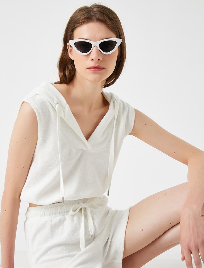  Kapüşonlu Sweatshirt Crop Kolsuz Pamuklu