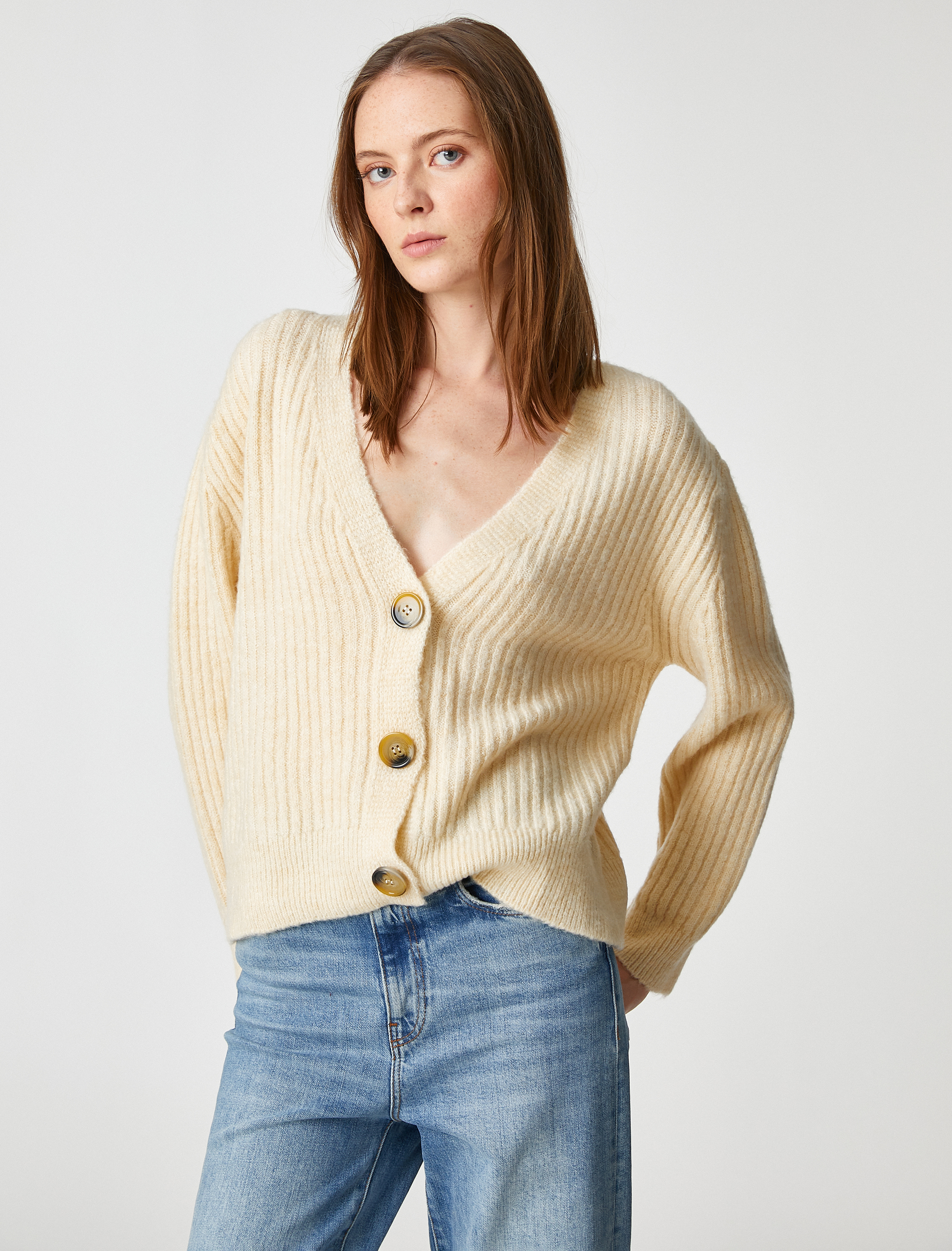   Düğmeli Ribanalı Triko Hırka