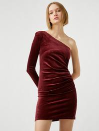 Tek Omuz Büzgülü Mini Elbise