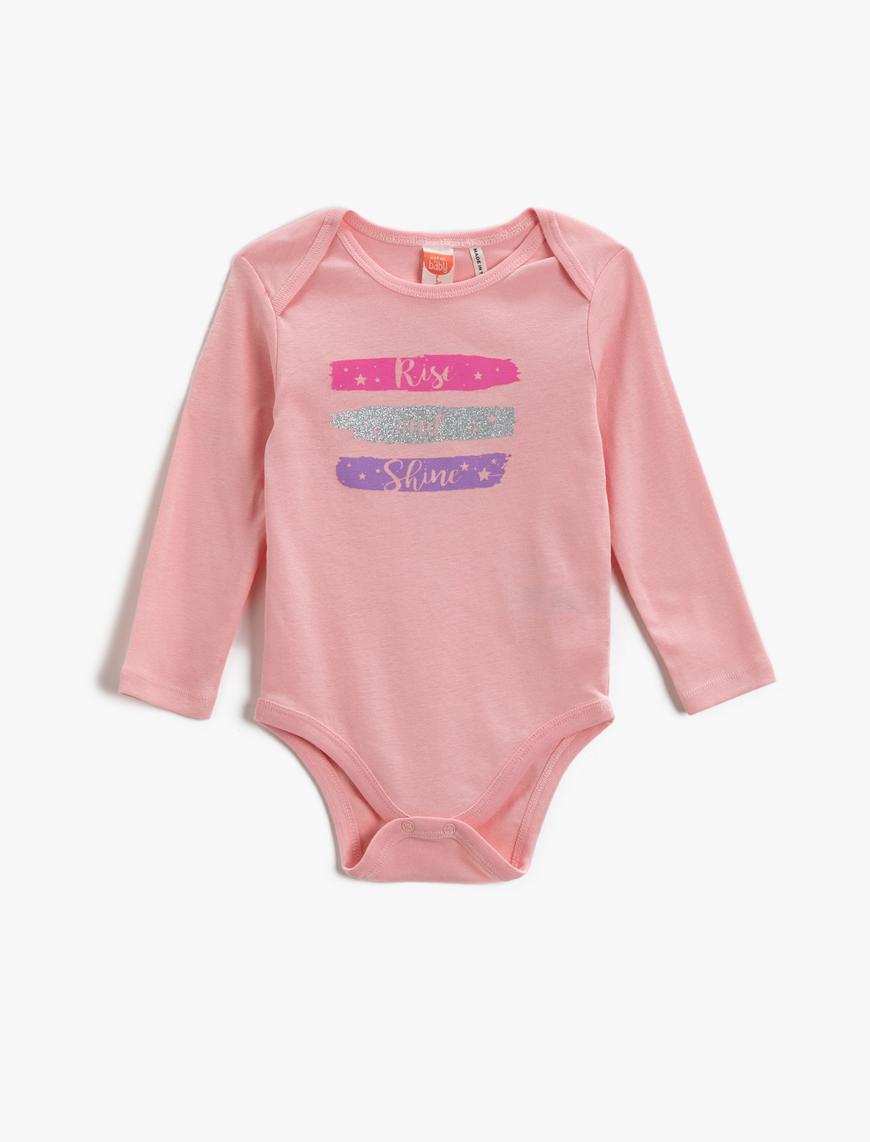  Kız Bebek Baskılı Pamuklu Çıtçıtlı Body Uzun Kollu