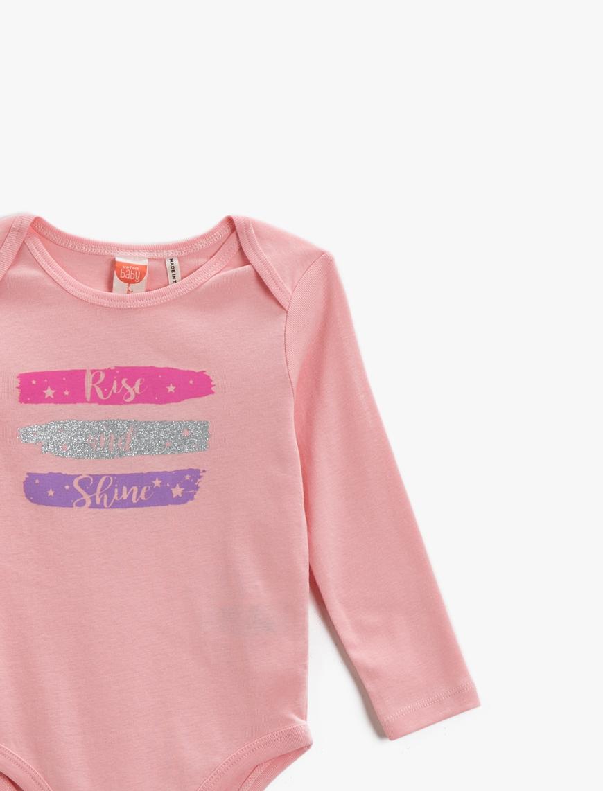 Kız Bebek Baskılı Pamuklu Çıtçıtlı Body Uzun Kollu