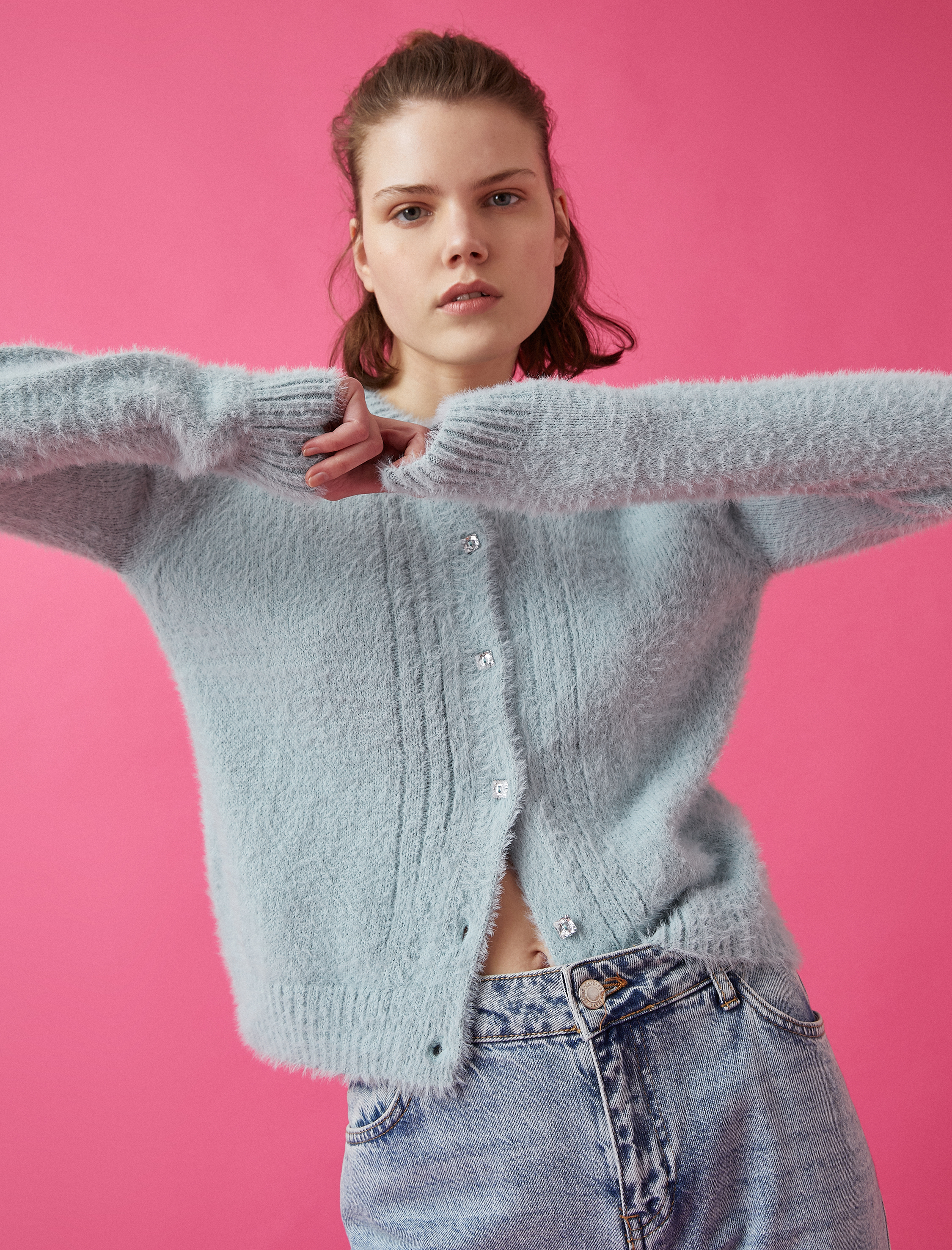   Bisiklet Yaka Düğme Detaylı Triko Hırka