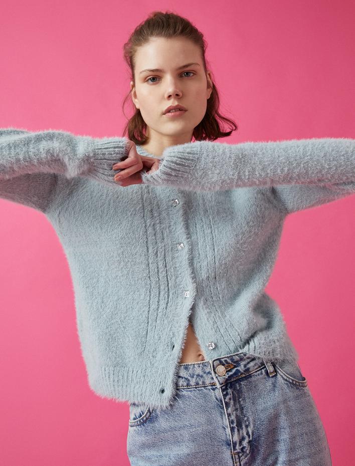  Bisiklet Yaka Düğme Detaylı Triko Hırka